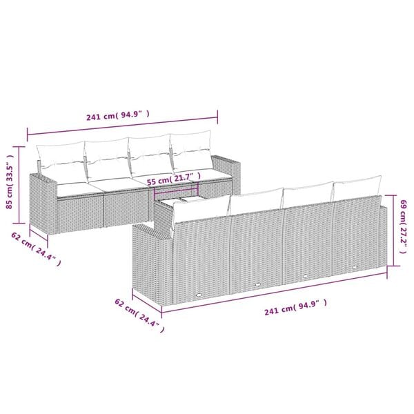 vidaXL Set de sof&aacute;s de jard&iacute;n 9 pzas y cojines rat&aacute;n sint&eacute;tico marr&oacute;n