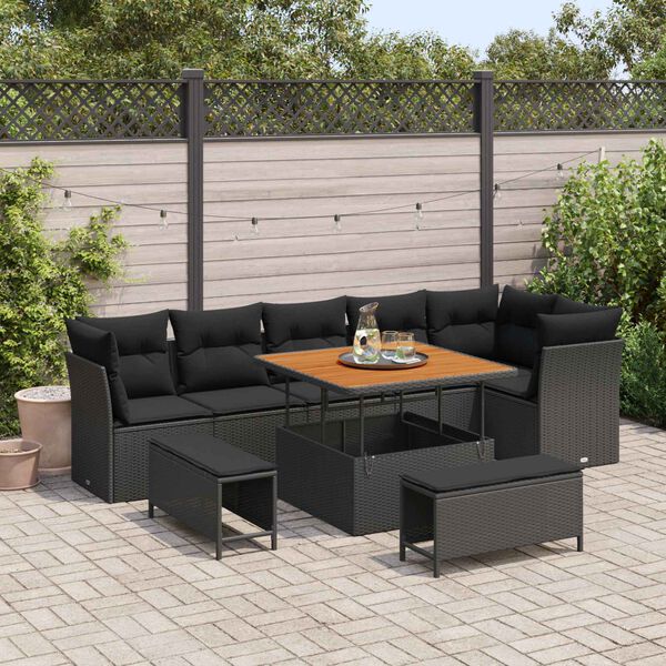 vidaXL Conjunto de sof&aacute; de jard&iacute;n con coj&iacute;n 9 pcs Negro