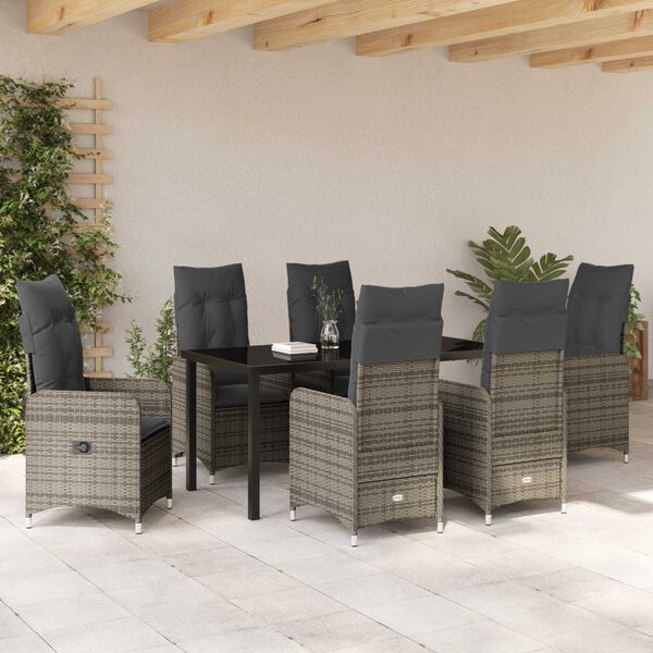vidaXL Conjunto de Comedor de Jardín con cojín 7 pcs Gris Poliratán