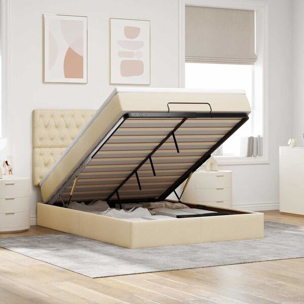 vidaXL Estructura de cama otomana con colch&oacute;n tela crema 140x190cm
