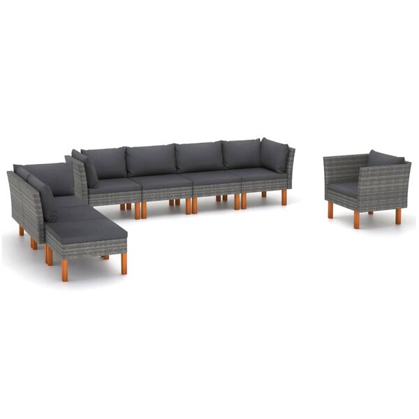 vidaXL Set de muebles de jard&iacute;n 8 pzas rat&aacute;n sint&eacute;tico eucalipto gris