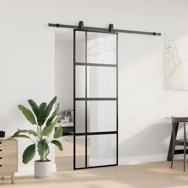 vidaXL Puerta corredera con herrajes negro 76x205 cm vidrio templado