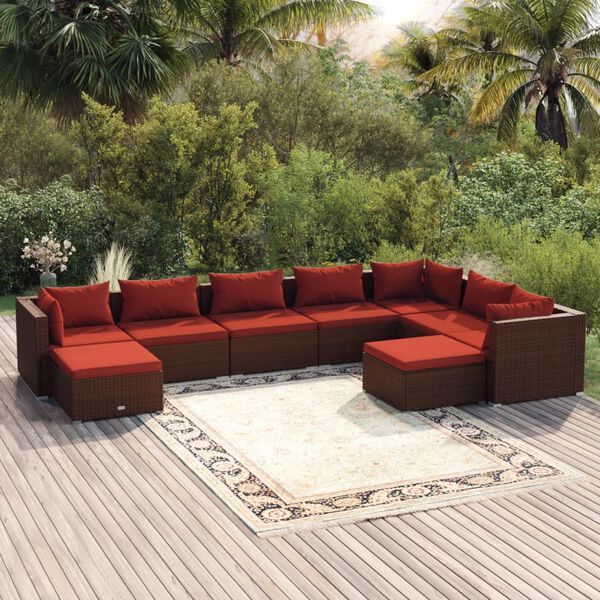 vidaXL Set muebles de jardín 9 piezas y cojines ratán sintético marrón