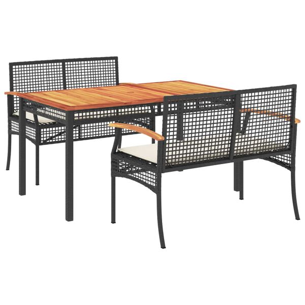 vidaXL Set comedor de jard&iacute;n 3 pzas con cojines rat&aacute;n sint&eacute;tico negro