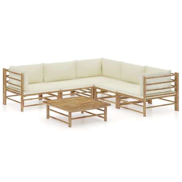 vidaXL Set de muebles de jardín 6 piezas bambú y cojines blanco crema