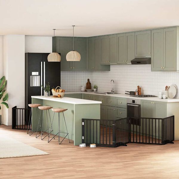 vidaXL Puerta para perros plegable 6 paneles madera &aacute;lamo negra 480 cm