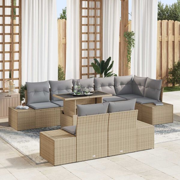 vidaXL Conjunto de sof&aacute; de jard&iacute;n 9 pcs Beige Polirat&aacute;n