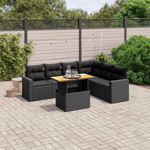 vidaXL Set de comedor de jard&iacute;n 7 pzas y cojines rat&aacute;n sint&eacute;tico negro