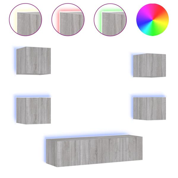 vidaXL Muebles TV pared con LED 6 pzas madera ingenier&iacute;a gris Sonoma