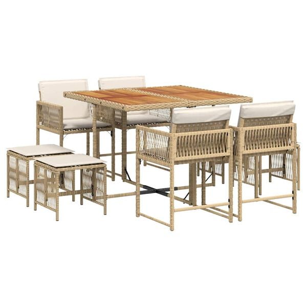 vidaXL Set comedor de jard&iacute;n 9 pzas con cojines rat&aacute;n sint&eacute;tico beige