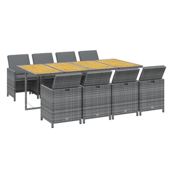 vidaXL Set comedor jard&iacute;n 9 pzas y cojines rat&aacute;n sint&eacute;tico gris