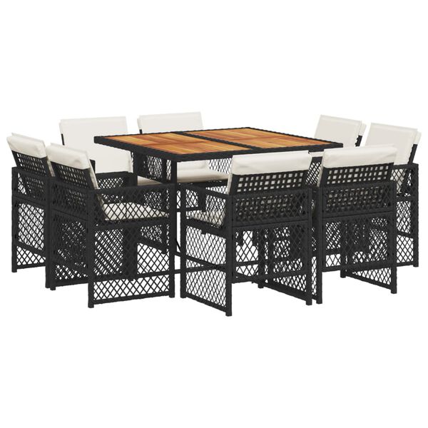 vidaXL Set de comedor de jard&iacute;n 9 pzas y cojines rat&aacute;n sint&eacute;tico negro