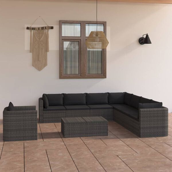 vidaXL Set de muebles de jard&iacute;n 9 pzas rat&aacute;n sint&eacute;tico y cojines gris