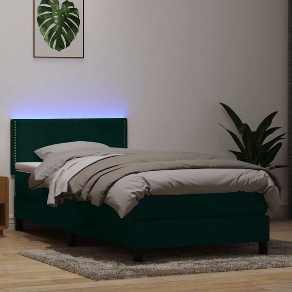 vidaXL Cama box spring con colch&oacute;n y LED terciopelo verde oscuro 90x220 cm