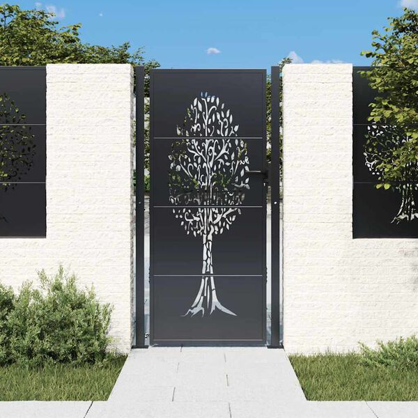 vidaXL Puerta de jardín antracita 100x175 cm de acero con diseño de árbol
