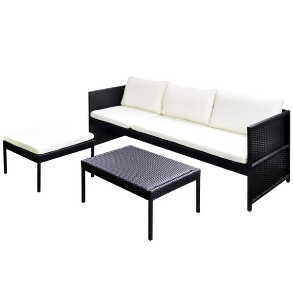 vidaXL Set de muebles de jardín y cojines 3 pzas ratán sintético negro