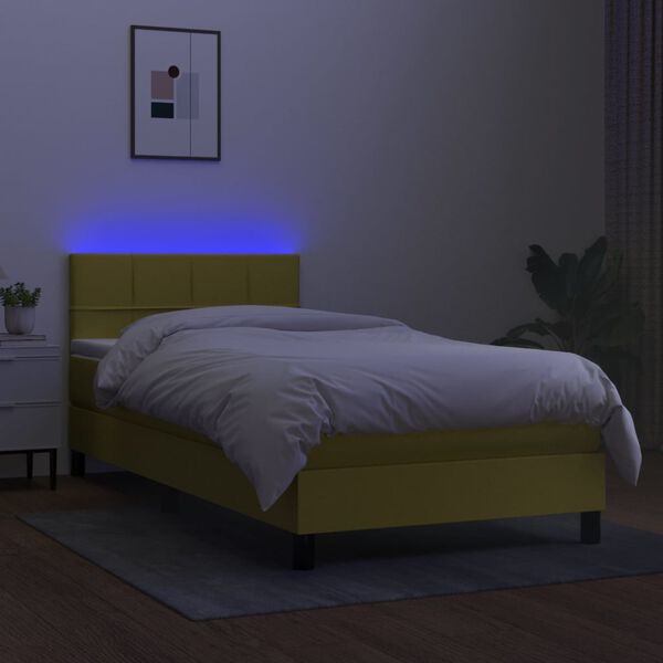 vidaXL Cama box spring colch&oacute;n y luces LED tela verde 90x190 cm