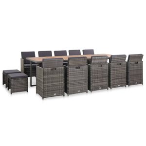 vidaXL Set comedor de jard&iacute;n 15 piezas y cojines rat&aacute;n sint&eacute;tico gris