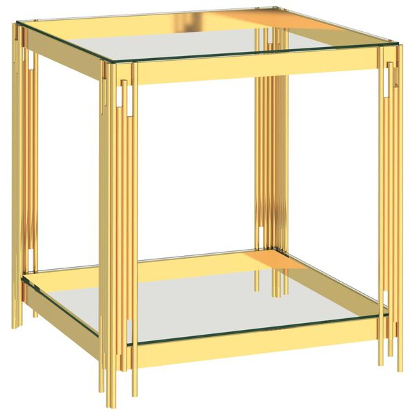 vidaXL Mesa de centro acero inoxidable y vidrio dorado 55x55x55 cm