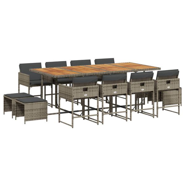 vidaXL Set comedor de jard&iacute;n con cojines 13 pzas rat&aacute;n sint&eacute;tico gris