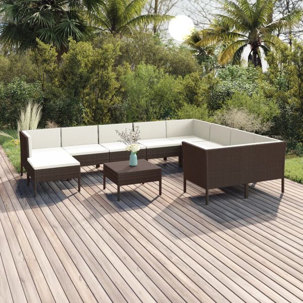 vidaXL Set muebles de jard&iacute;n 11 pzas y cojines rat&aacute;n sint&eacute;tico marr&oacute;n