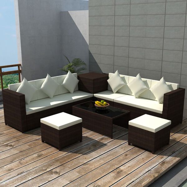 vidaXL Set muebles de jard&iacute;n 8 piezas y cojines rat&aacute;n sint&eacute;tico marr&oacute;n