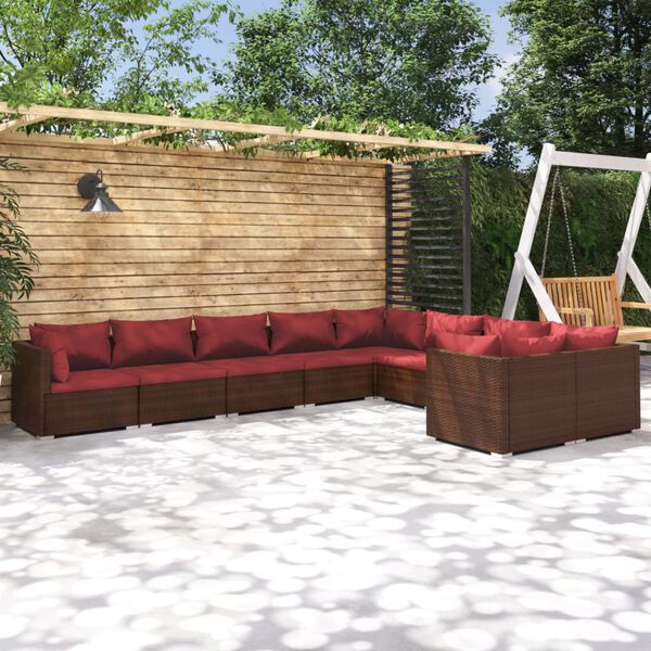 vidaXL Set muebles de jard&iacute;n 9 piezas y cojines rat&aacute;n sint&eacute;tico marr&oacute;n