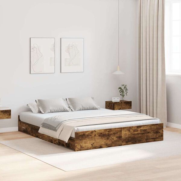 vidaXL Cama con almacenamiento con cabecera Roble ahumado 135 x 190 cm