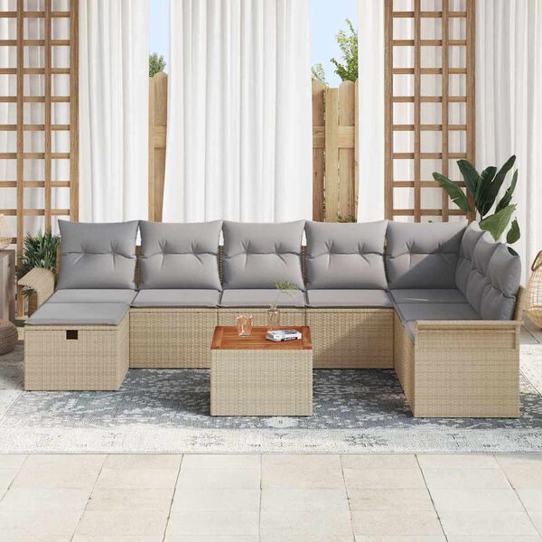 vidaXL Conjunto de sof&aacute;s de jard&iacute;n con coj&iacute;n 9 pcs Beige Polirat&aacute;n
