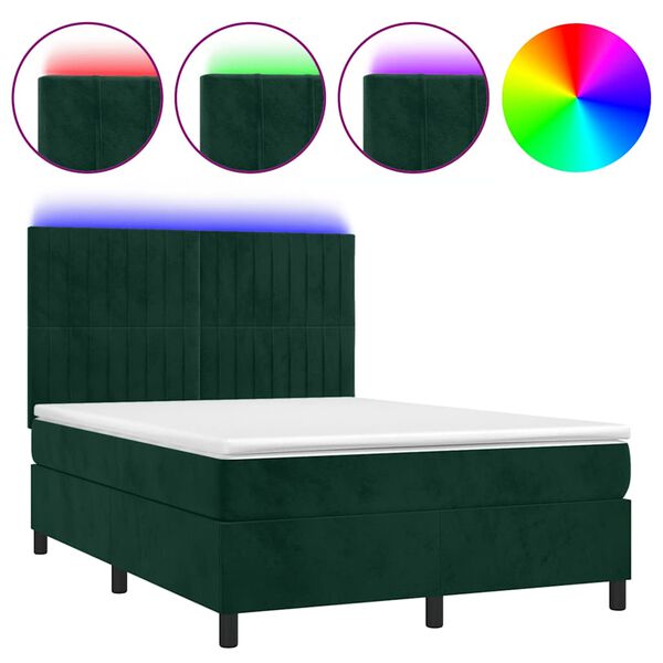 vidaXL Cama box spring colch&oacute;n y LED terciopelo verde oscuro 140x190cm