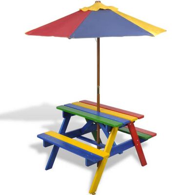 vidaXL Mesa de picnic y bancos de niños y sombrilla madera multicolor