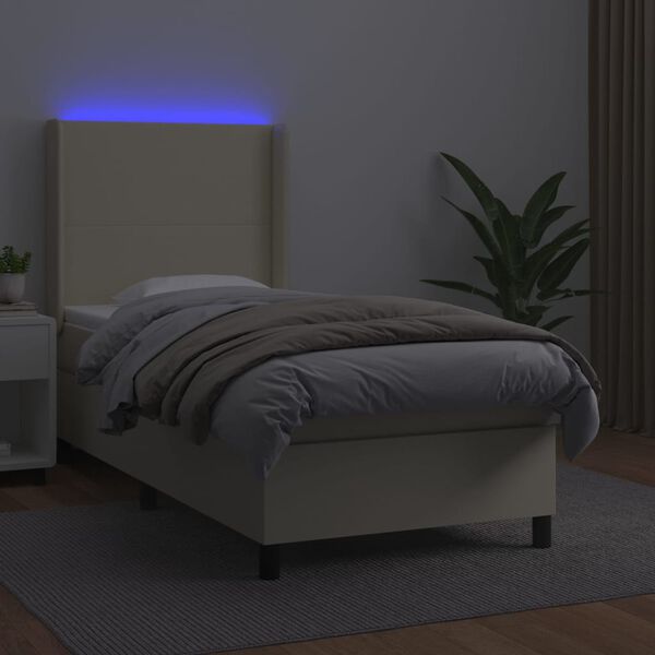 vidaXL Cama box spring y colch&oacute;n LED cuero sint&eacute;tico crema 90x200 cm