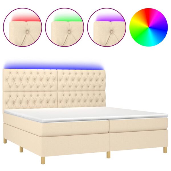 vidaXL Cama box spring colch&oacute;n y luces LED tela crema 200x200 cm