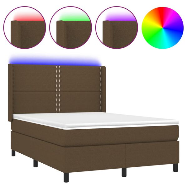 vidaXL Cama box spring colch&oacute;n luces LED tela marr&oacute;n oscuro 140x190 cm