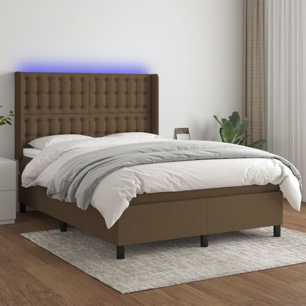vidaXL Cama box spring colch&oacute;n luces LED tela marr&oacute;n oscuro 140x190 cm