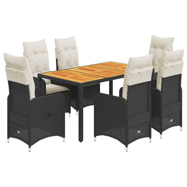 vidaXL Set de mesa y sillas de jard&iacute;n 7 pzas y cojines rat&aacute;n PE negro