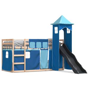 vidaXL Litera con tobog&aacute;n y cortinas azul 80x200 cm