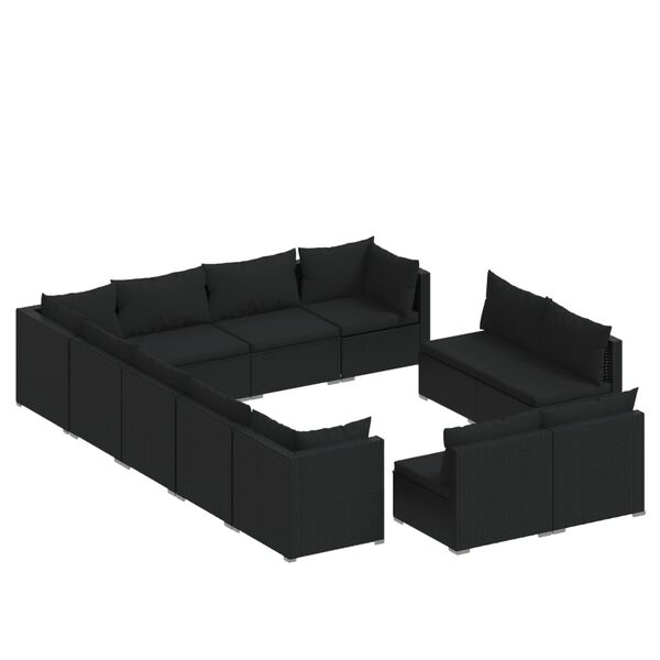 vidaXL Set de muebles de jard&iacute;n 12 pzas cojines rat&aacute;n sint&eacute;tico negro
