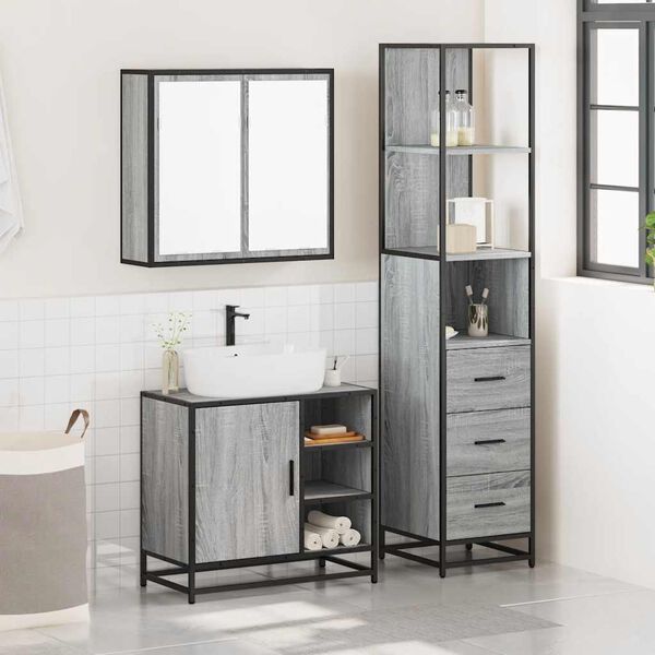 vidaXL Set de muebles de ba&ntilde;o 3 pzas madera contrachapada gris sonoma