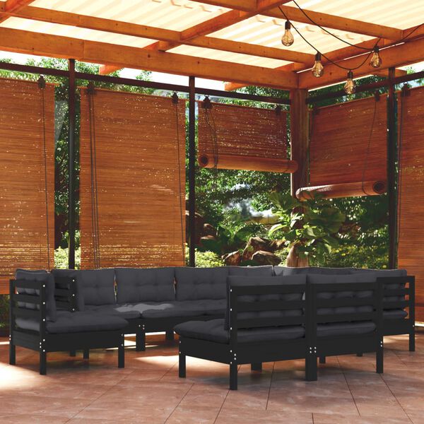vidaXL Muebles de jard&iacute;n 9 pzas y cojines negro madera maciza de pino