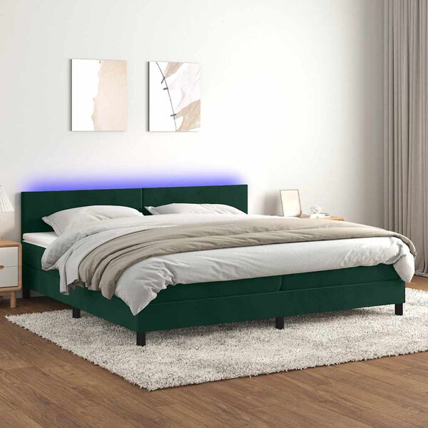 vidaXL Cama box spring colch&oacute;n y LED terciopelo verde oscuro 200x200cm