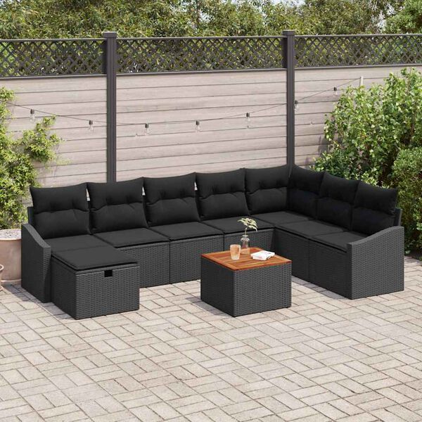 vidaXL Conjunto de sof&aacute;s de jard&iacute;n 9 pcs Negro rat&aacute;n sint&eacute;tico