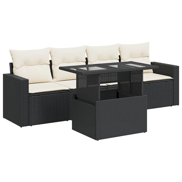 vidaXL Set de muebles de jard&iacute;n 5 pzas y cojines rat&aacute;n sint&eacute;tico negro