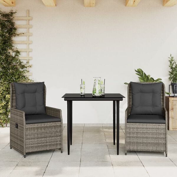 vidaXL Set comedor de jard&iacute;n 3 piezas con cojines rat&aacute;n sint&eacute;tico gris