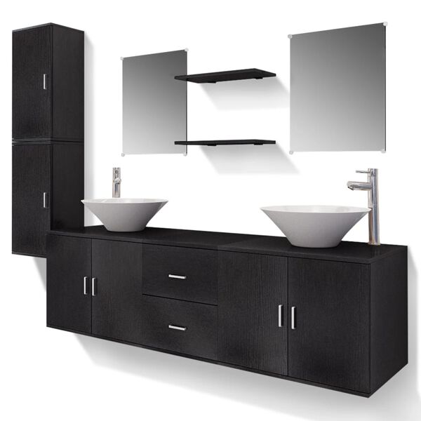 vidaXL Conjunto de muebles de ba&ntilde;o con lavabo y grifo 11 piezas negro
