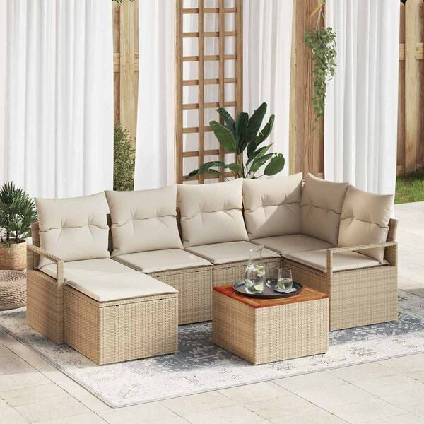 vidaXL Conjunto de sof&aacute; de jard&iacute;n con coj&iacute;n 7 pcs Beige Polirat&aacute;n