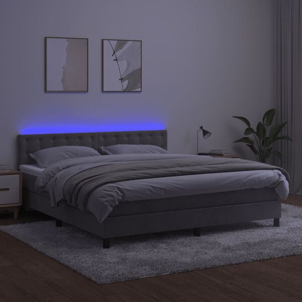 vidaXL Cama box spring colch&oacute;n y LED terciopelo gris claro 180x200 cm