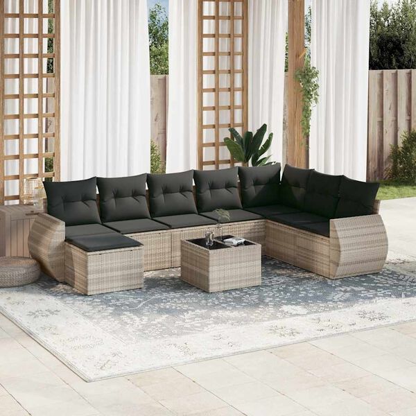 vidaXL Set muebles jard&iacute;n 9 pzas y cojines rat&aacute;n sint&eacute;tico gris claro