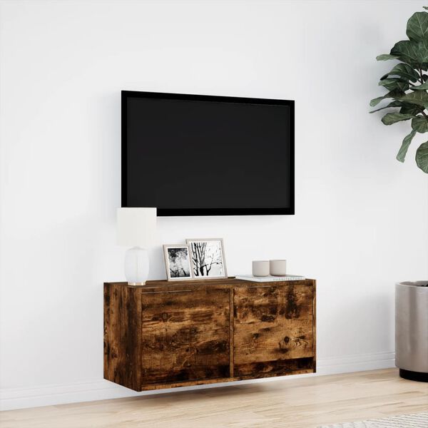 vidaXL Mueble de TV de pared con luces LED roble ahumado 80x31x35 cm