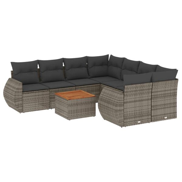 vidaXL Set de muebles de jard&iacute;n 9 pzas y cojines rat&aacute;n sint&eacute;tico gris